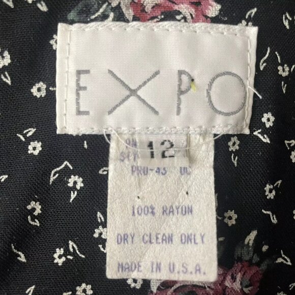 Vintage 80s EXPO Black Pink White Ditsy Floral Crop Wide Leg Jumpsuit - Picture 8 of 8